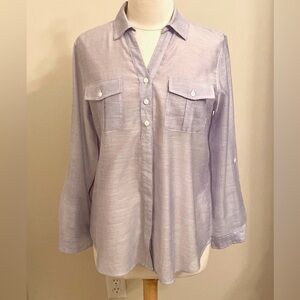 Chico’s Periwinkle Textured Semi Sheer Collared Long Sleeve Casual Top Size M